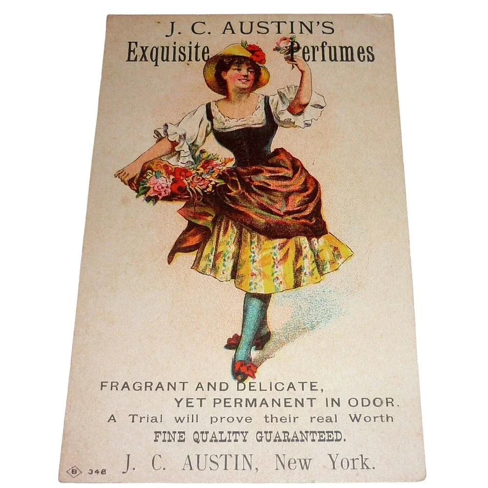 Victorian‎ Trade Card J.C. Austin Exquisite Perfumes New York Flower Girl Litho